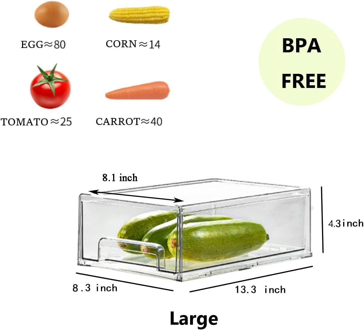 2Pack Clear Fridge Drawers Pull Out Stackable Refrigerator Drawer Organizer Bins Pantry Storage Box Plastic Food Containers for Kitchen Bathroom Office Closet (2pack-Large)