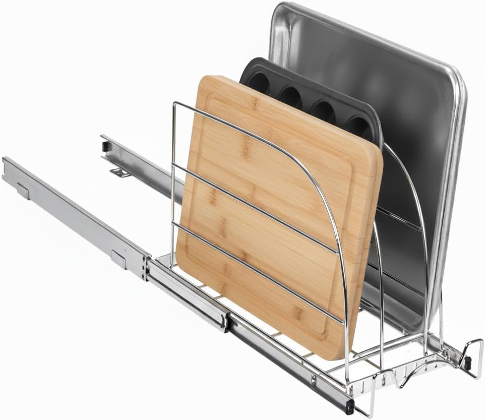 Pull Out Organizer for Bakeware, Cutting Board and Trays, Adjustable Dividers - Heavy Duty