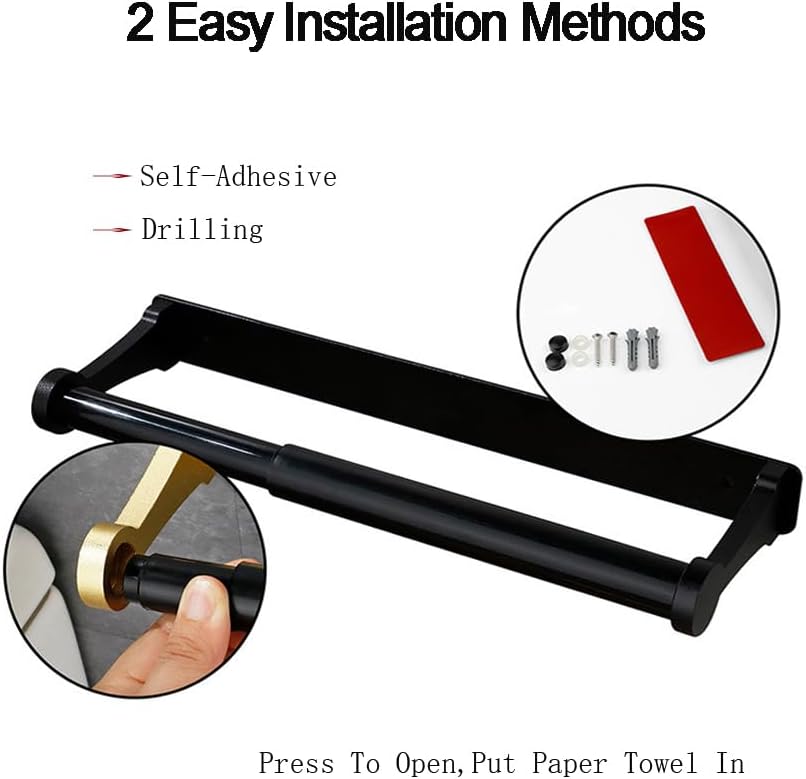 Paper Towel Holder - Self-Adhesive or Drilling, Black, Wall Mounted