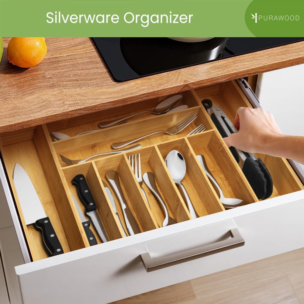 Bamboo Drawer Organizer - Expandable Silverware Organizer & Utensil Drawer Organizer