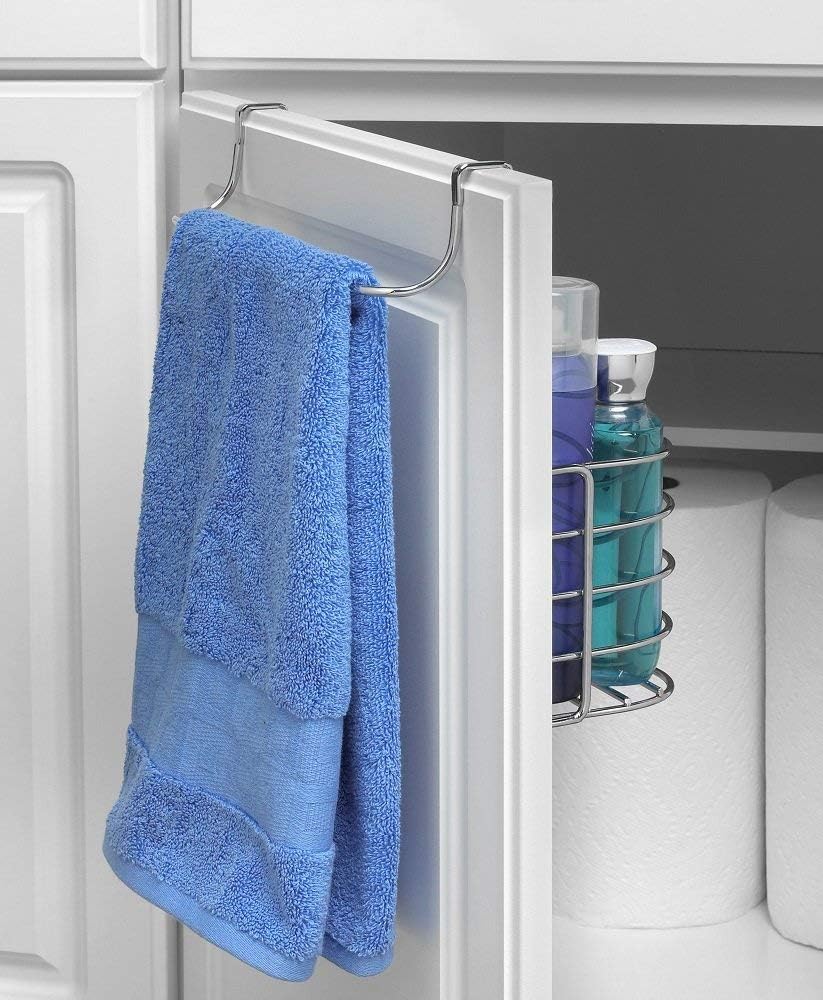 Spectrum Duo Over Cabinet Towel Holder and Cabinet Basket Medium for Kitchen Towel Under Sink Storage, Durable Steel Over the Cabinet Door Towel Bar Organizer with No Drill Installation, Chrome