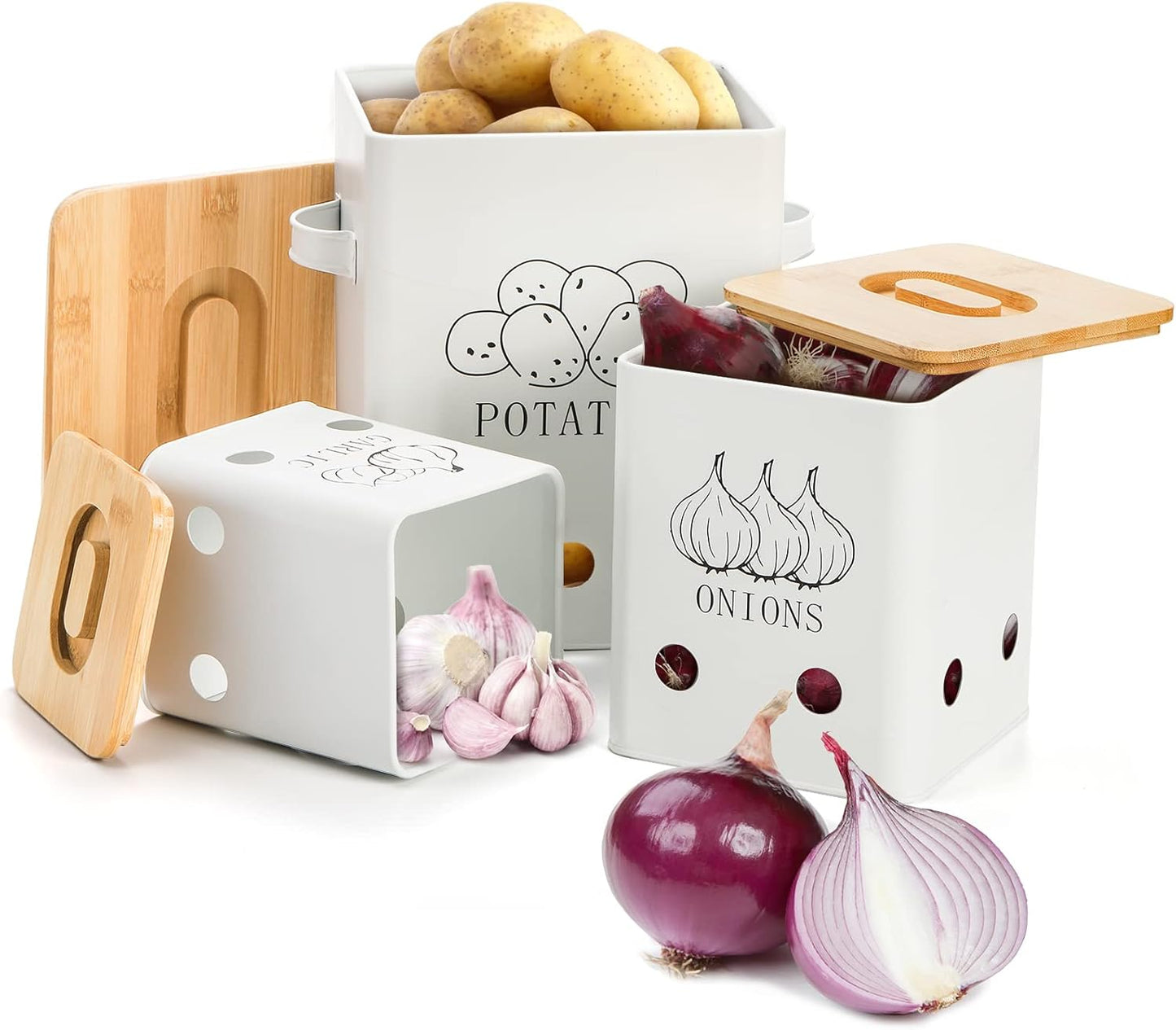 3 Pack Vegetable Storage Tins, Metal Onion Garlic Potato Jars Set