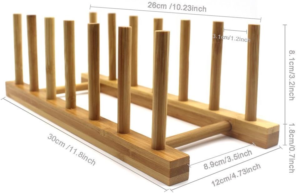 Bamboo Wooden Dish Rack, Vertical Plate & Lid Organizer for Kitchen Cabinet or Countertop