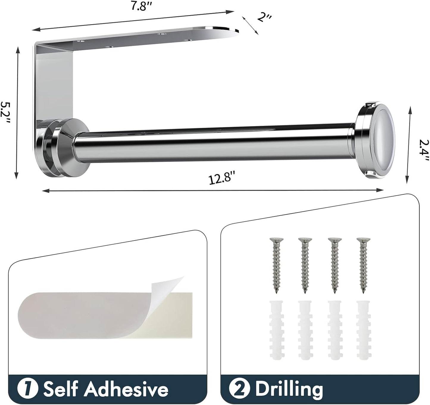 Paper Towel Holder Under Cabinet, One-Handed Tear Wall Mount Paper Towel Holder Dispenser with Damping Function for Kitchen Organization, Stainless Steel, Self-Adhesive or Drill mounting,Silver
