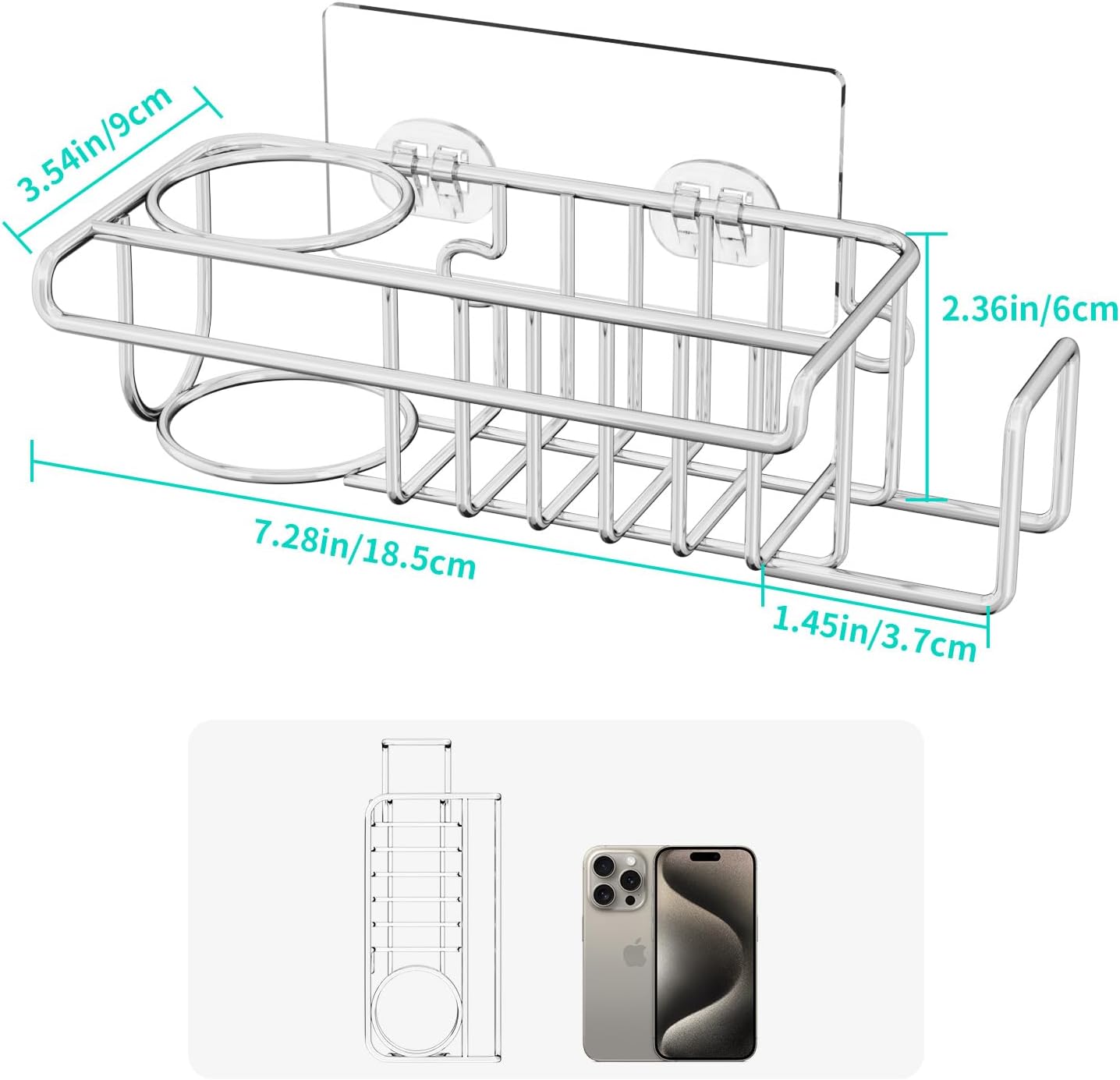 4 in 1 Sink Caddy Sponge Holder, SUS304 Stainless Steel Kitchen Brush Holder + Dish Cloth Hanger + Soap Rack + Sink Stopper Rack + Sponge Caddy for Kitchen - Silver