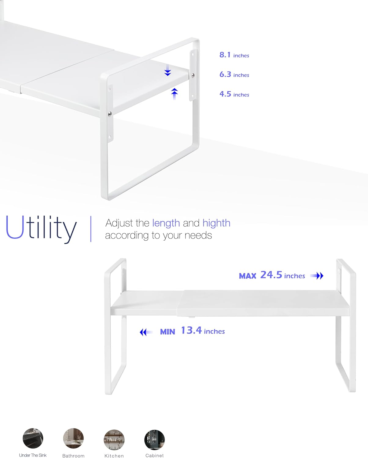 Cabinet Shelf Expandable Height Adjustable Shelf Organizer Riser for Kitchen Cabinet Pantry Cupboard Under Sink Countertop Organization Storage Space Saver Stackable Heavy Duty Metal White XXL