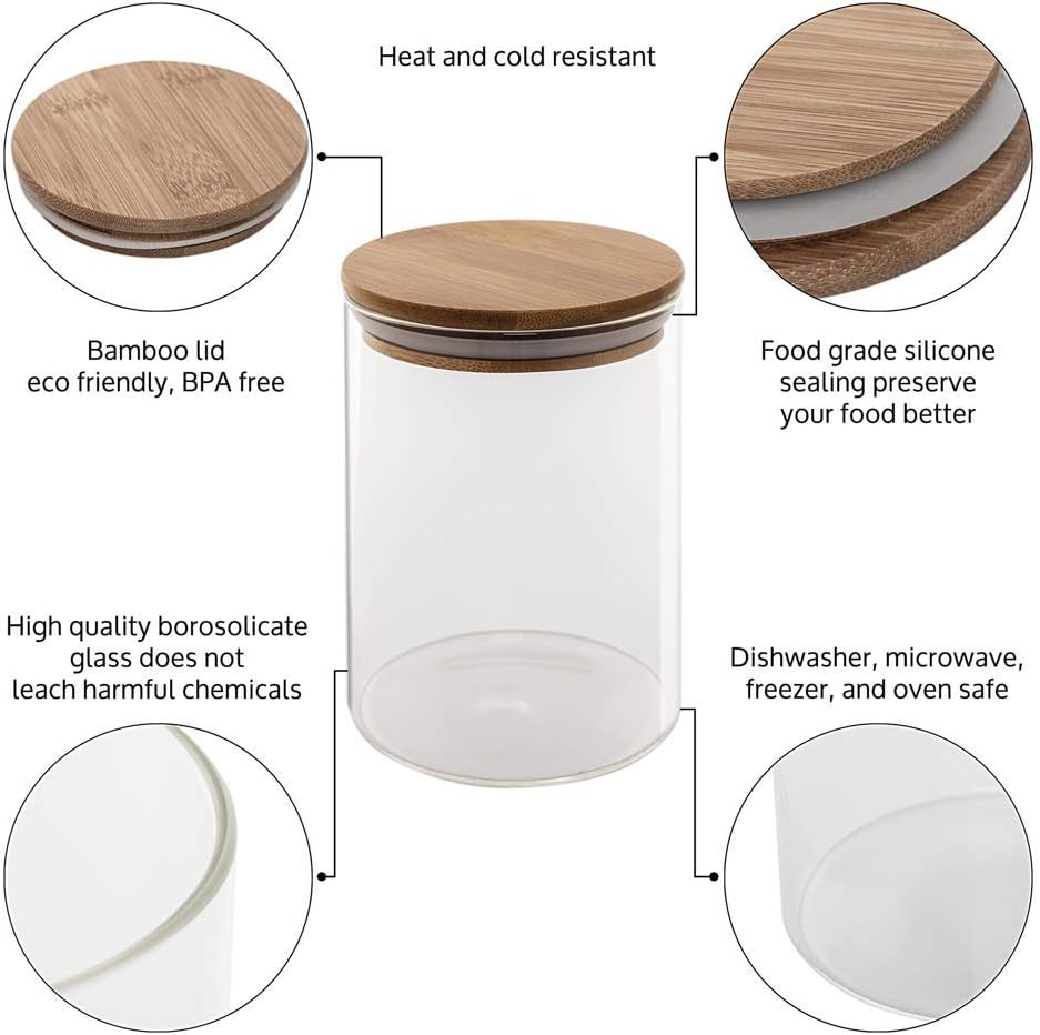 Set of 5 Glass Kitchen Canisters with Airtight Bamboo Lid