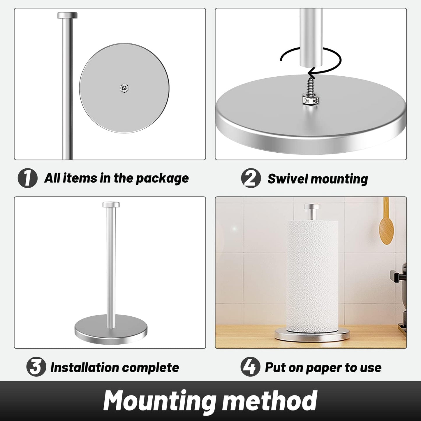 Paper Towel Holder Countertop, Stainless Steel Paper Towel Holder Stand with Weighted Base Suction Cups, Standing Paper Towel Roll Holder for Kitchen Bathroom (Silver)