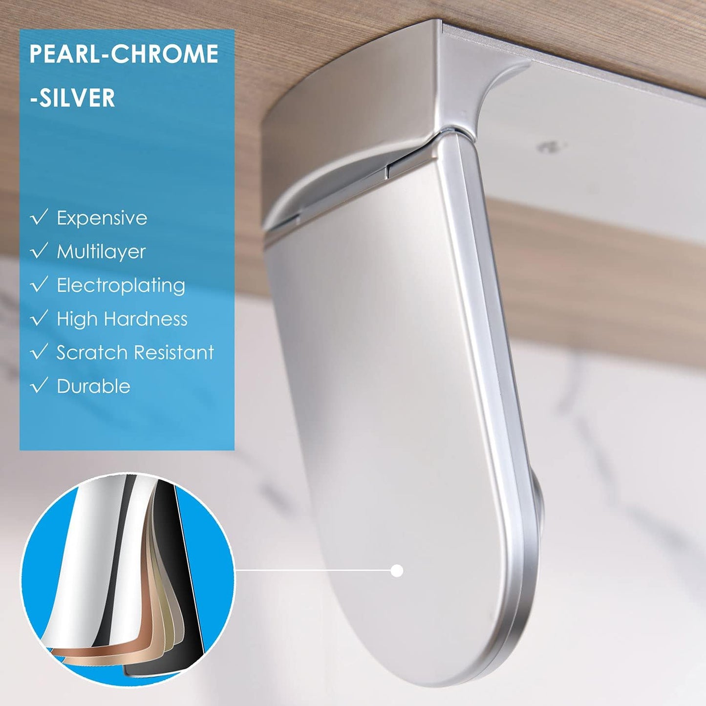 ONE Hand Tear Paper Towel Holder Under Cabinet Adhesive or Drilling Installation Aluminum Alloy + ABS (Pearl Chrome Silver)