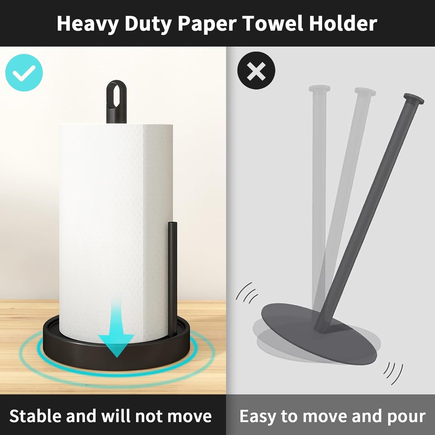 Paper Towel Holder Countertop, Black Paper Towel Holder with Anti Slip Weighted Base