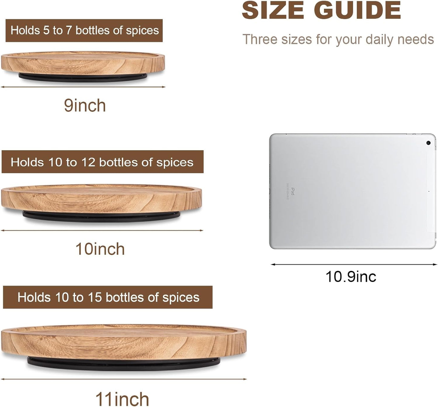 Wood Lazy Susan Organizer Kitchen Turntable for Cabinet Farmhouse Bathroom Decor Round Decorative Tray for Vanity, Counter, Sink, Coffee Table, 11 Inch, Brown