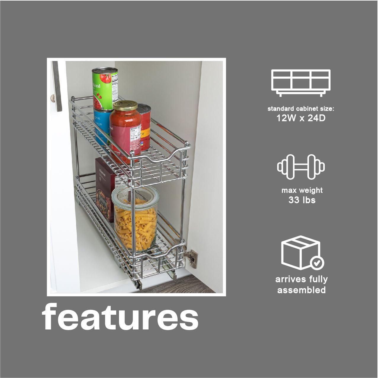 Glidez Multipurpose Chrome-Plated Steel Pull-Out/Slide-Out Storage Organizer for Under Cabinet Use - 2-Tier Design - Fits Standard Size Cabinet or Shelf, Chrome