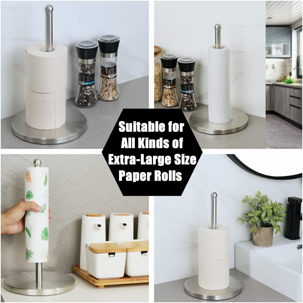 Paper Towel Holder,Standing Paper Towel Roll Holder for Standard or Mega Rolls,Paper Towel Stand for Kitchen Counter Bathroom Table,SUS304 Stainless Steel Brushed Nickel