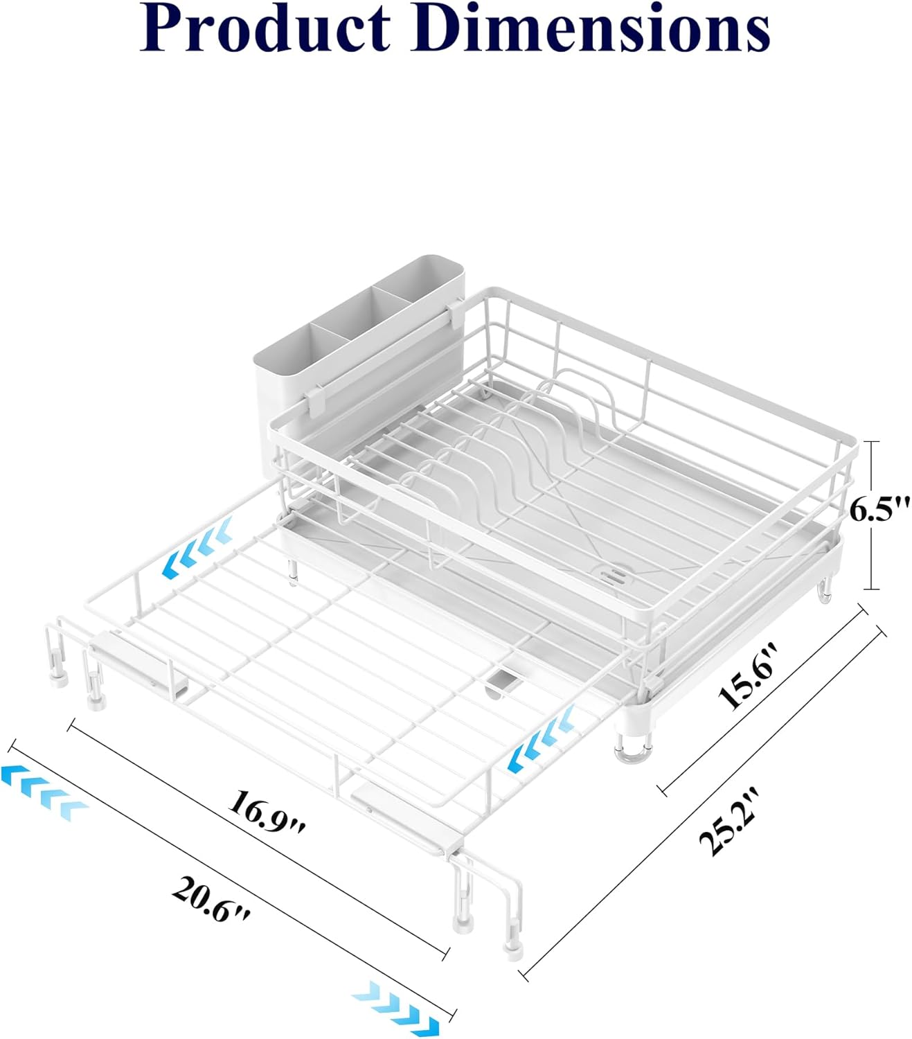 Extendable Dish Drying Rack - Rust-Resistant Dish Racks for Kitchen Counter with Adjustable Support Legs, Cutlery Holder & Removable Draining Tray (White, 15.6''-25.2''L × 16.9''W × 8.1''H)