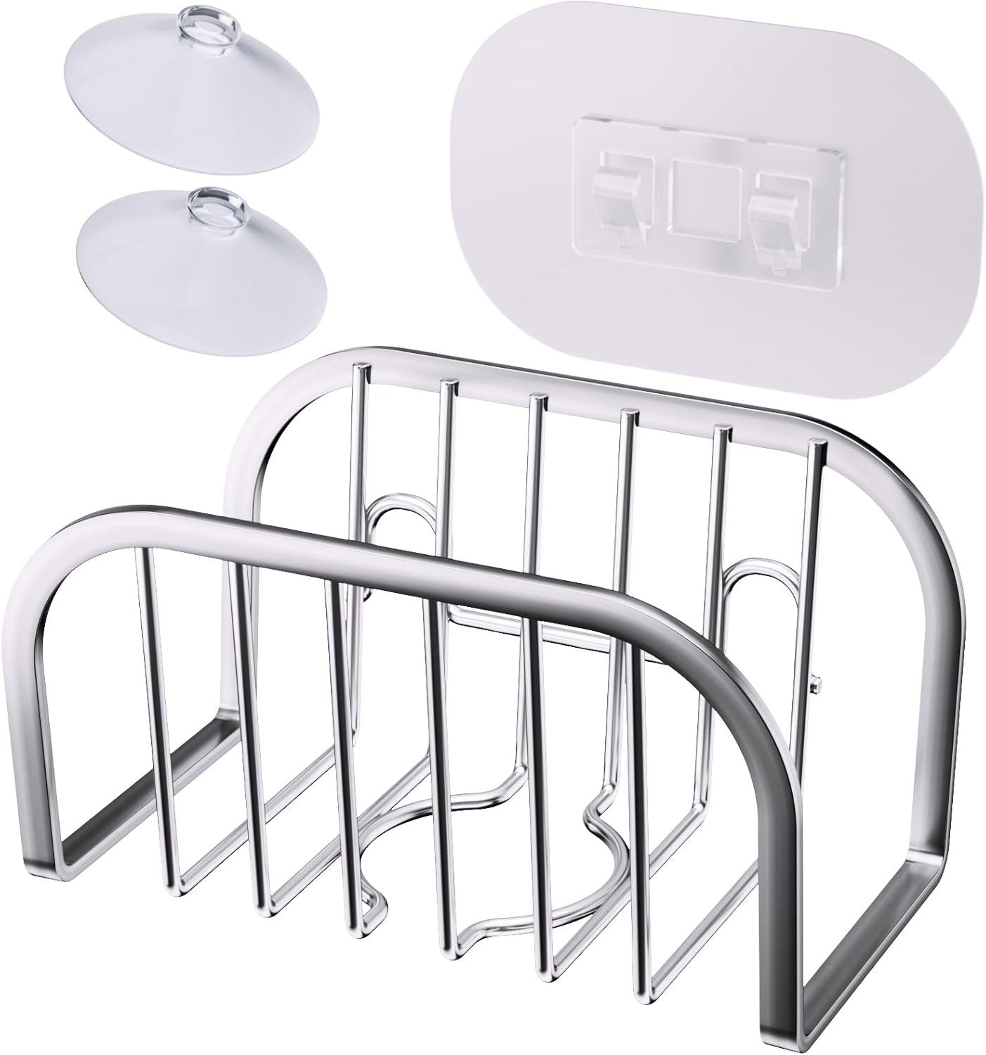 Sponge Holder for Kitchen Sink, Movable Sink Sponge Holder with Suction Cups Stainless Steel Sink Caddy Suction Cup for Sponge & Brush, Silver