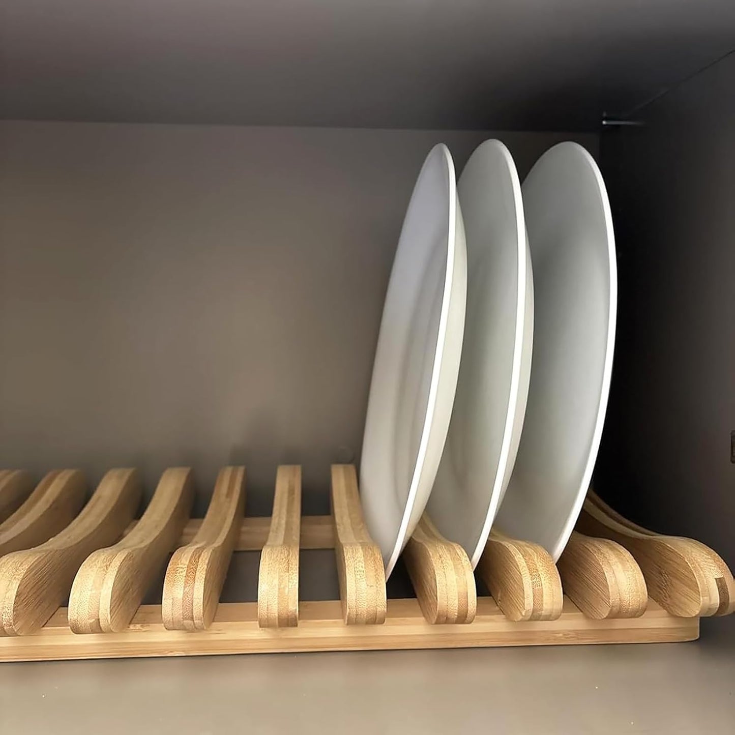 Bamboo Dish Drying Rack, 10 Slots Bamboo Cabinet Plate Stand Dish Drainer Wooden Plate Rack Pot Lid Holder Kitchen Dish Plate Storage Organizer for Countertop Cabinet