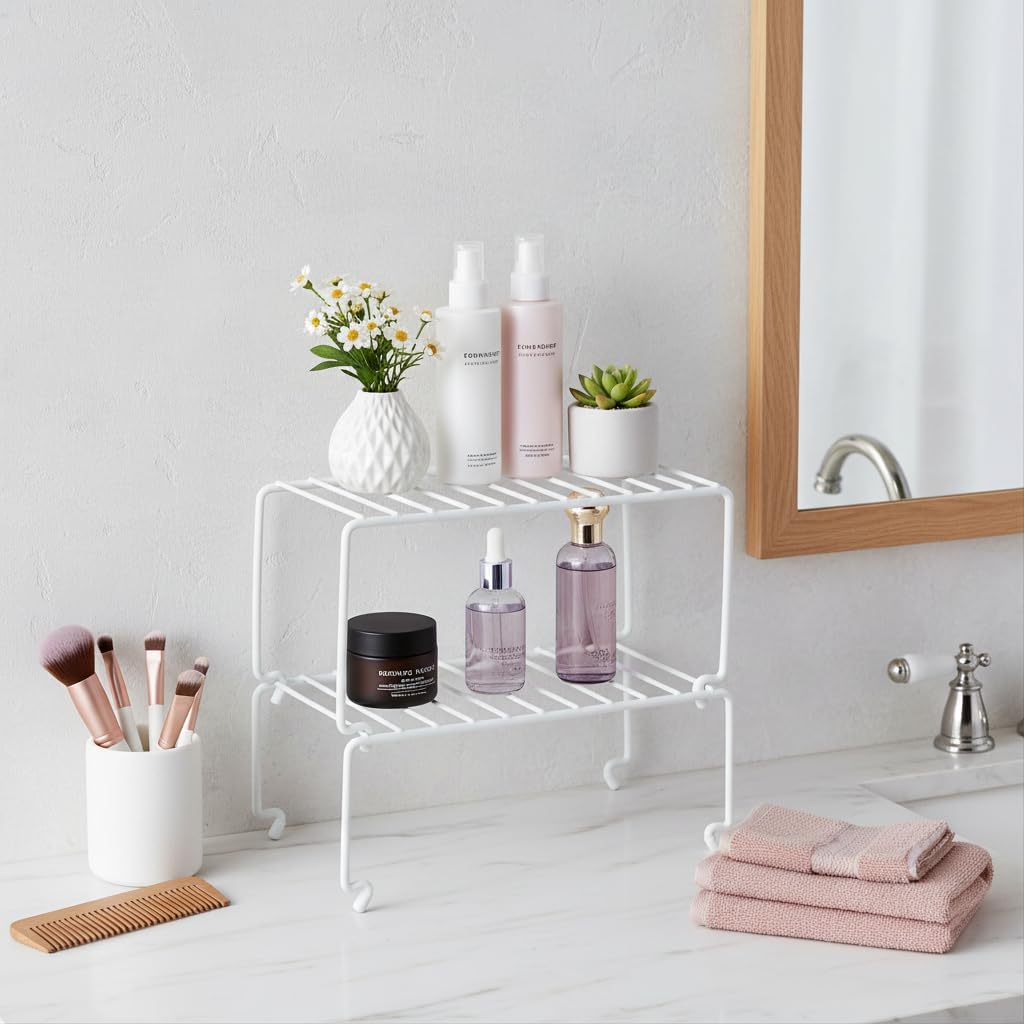 2-Pack Small (10.8x5.3inch) White Stackable Shelf Organizer Rack