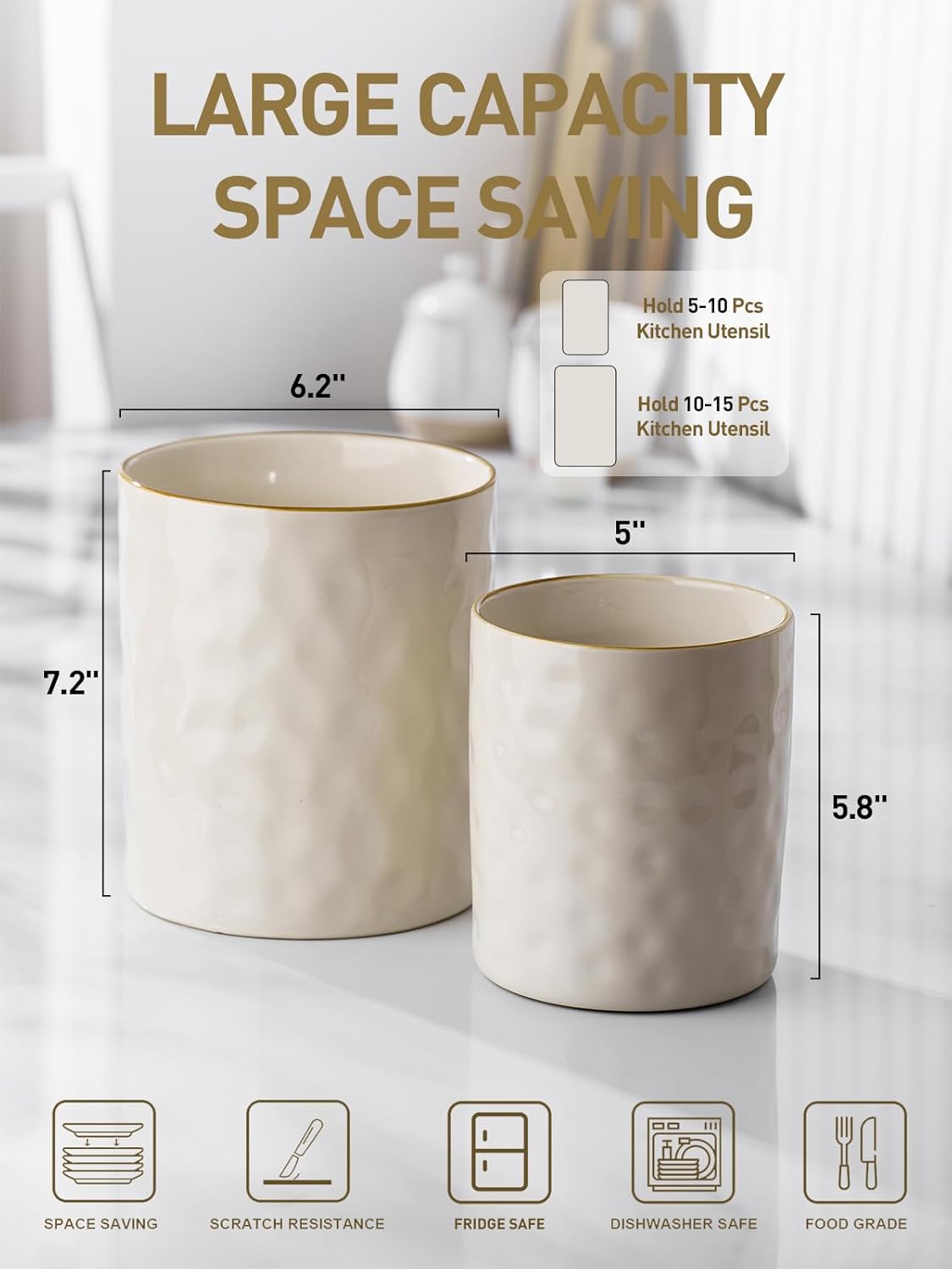 Ocean Utensil Holder, 7.2"+5.8" Ceramic Kitchen Utensil Holder for Countertop