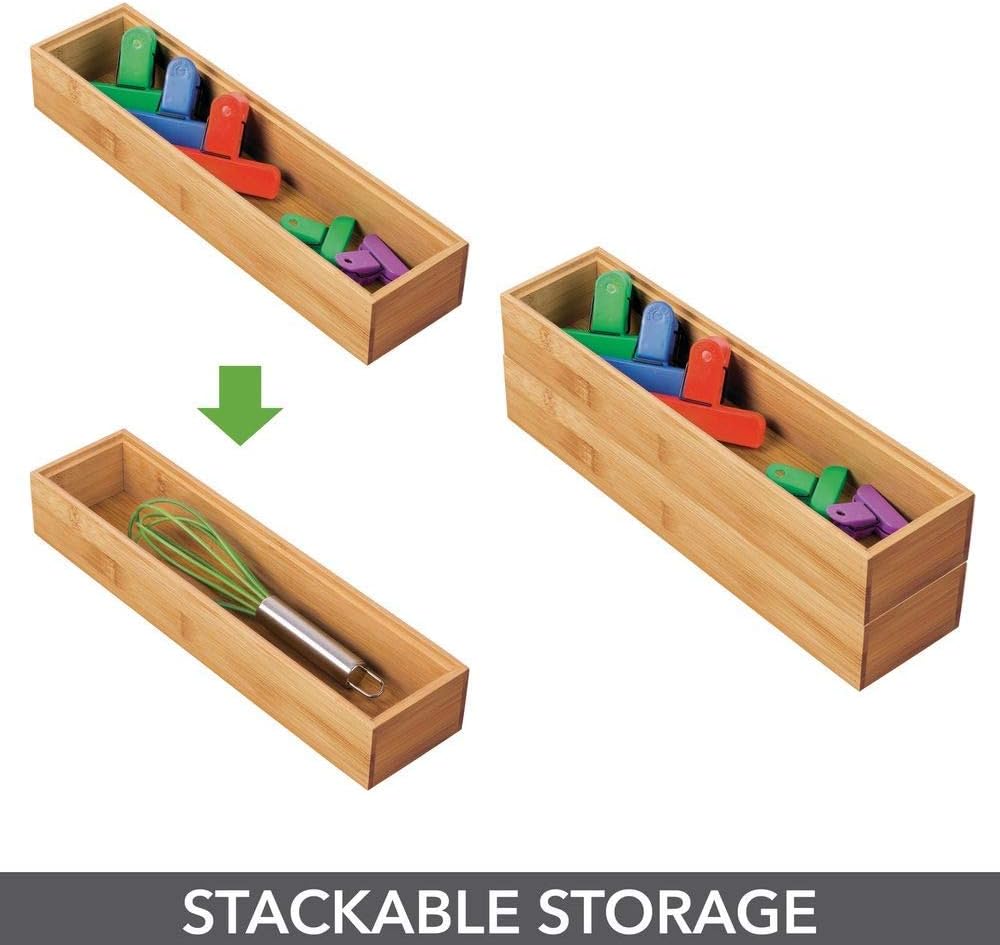 Slim Wooden Bamboo Drawer Organizer - 12" Long Stackable Storage Box Tray for Kitchen Drawers/Cabinet - Utensil, Silverware, Spatula, Flatware Holder - Echo Collection, 2 Pack, Natural Wood
