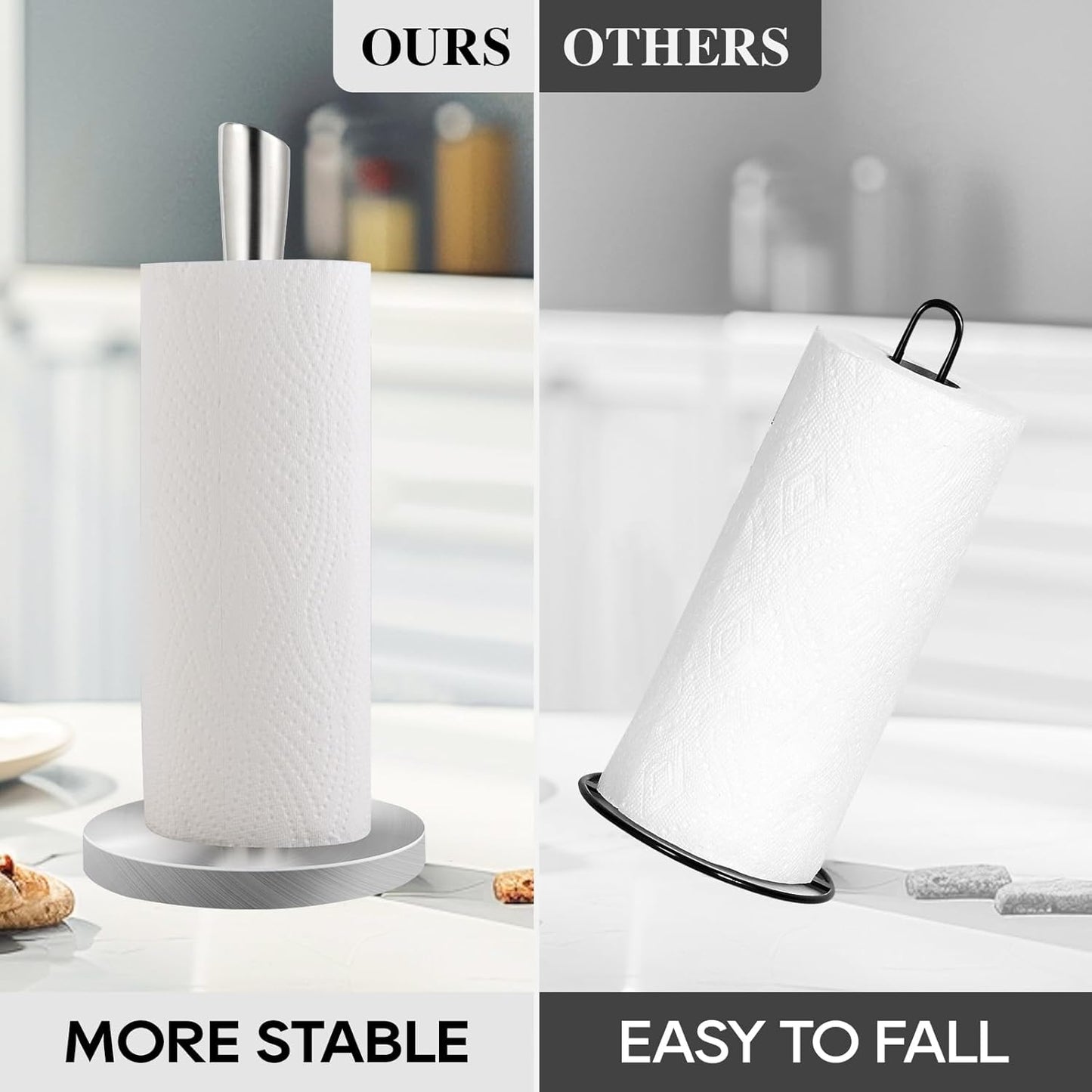 Paper Towel Holder Stand, Stainless Steel Kitchen Paper Towel Countertop Stand with Streamline Body, Bathroom Organization for Family Standard Large Size Roll Paper, Sliver