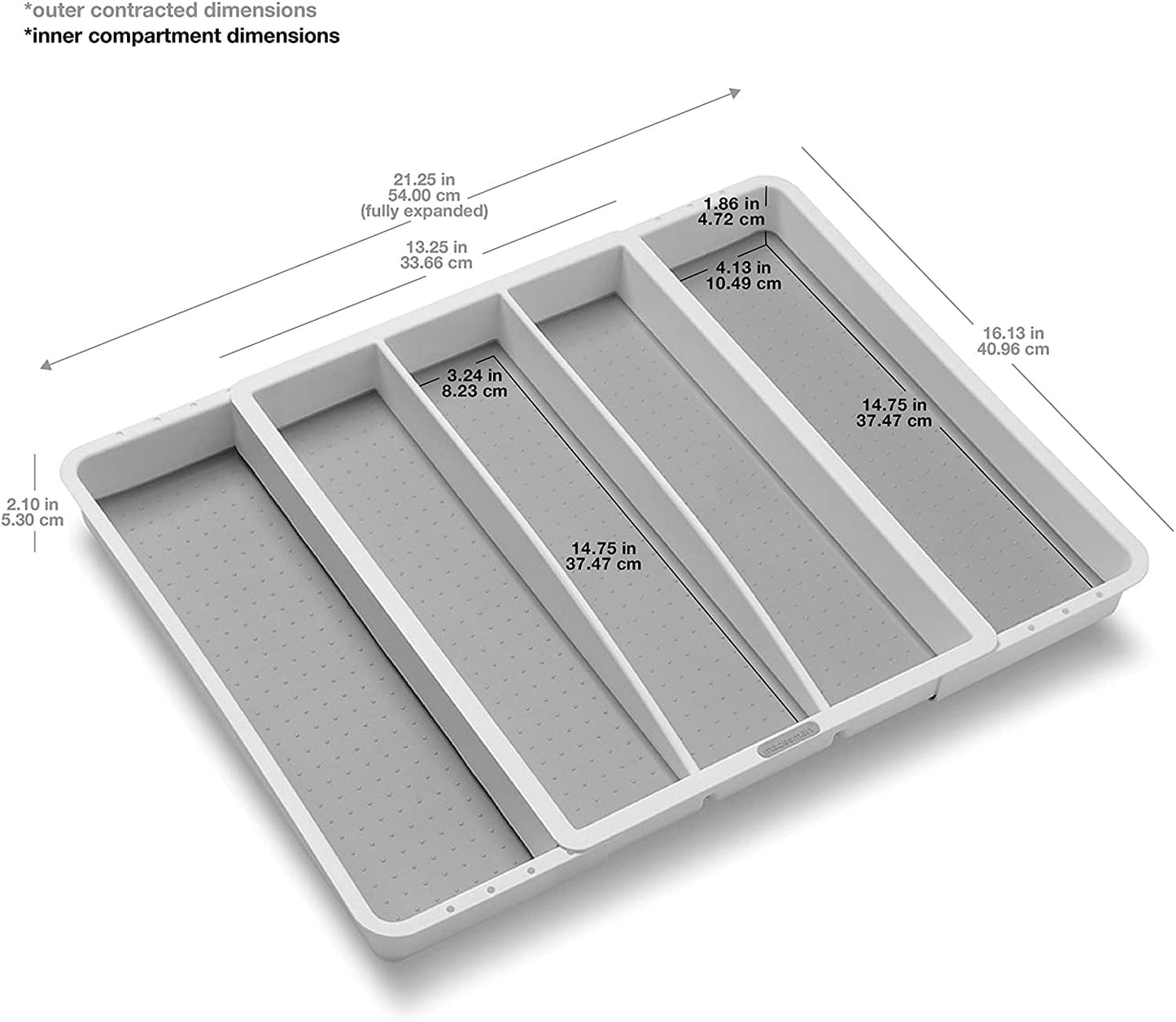 Expandable Utensil Tray-White | Classic Collection | 5-Compartments | Kitchen Organizer | Soft-Grip Lining and Non-Slip Rubber Feet | Easy to Clean | BPA-Free