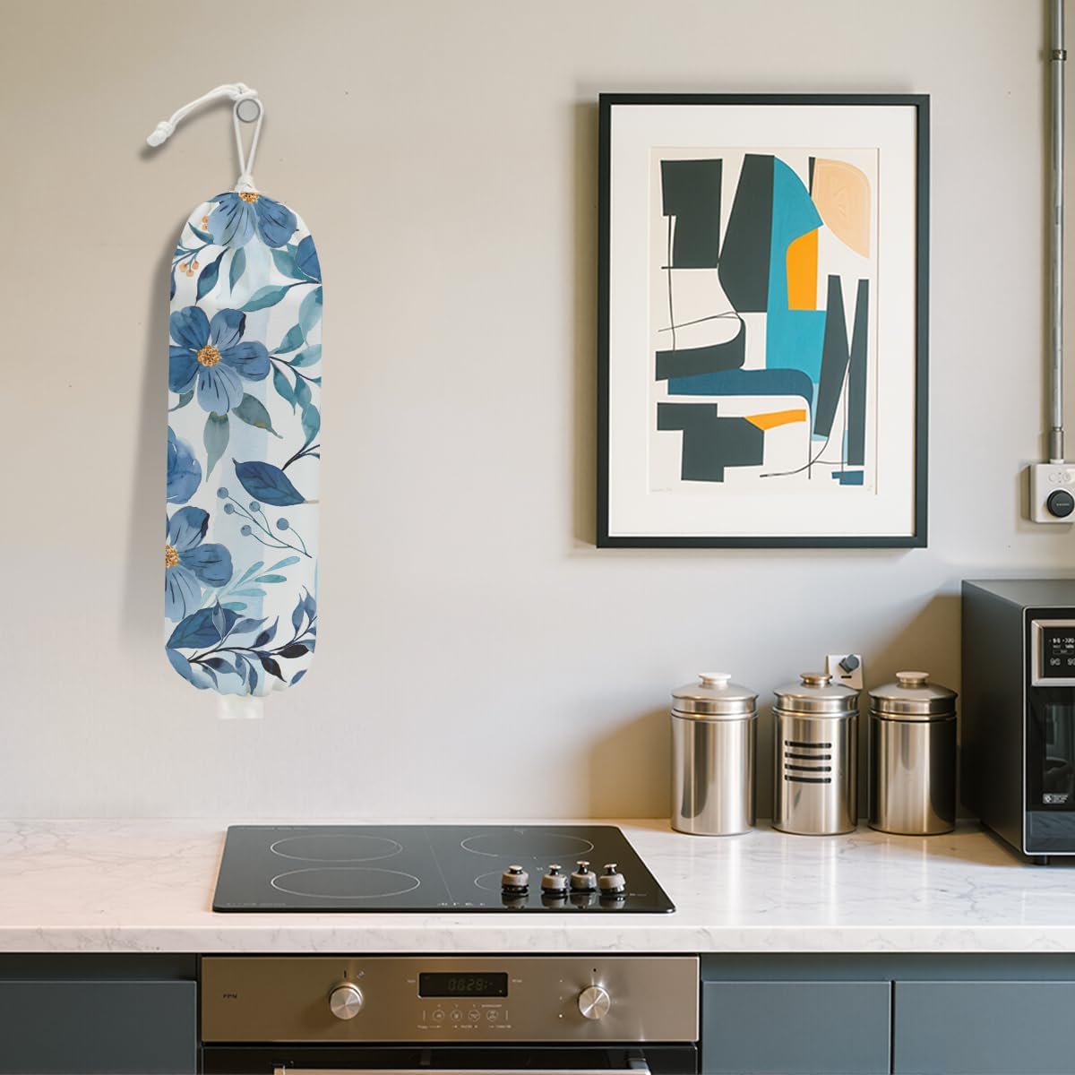 Watercolor Blue Flower Plastic Bag Holder, Wall Mount Grocery Bag Holder for Plastic Bags