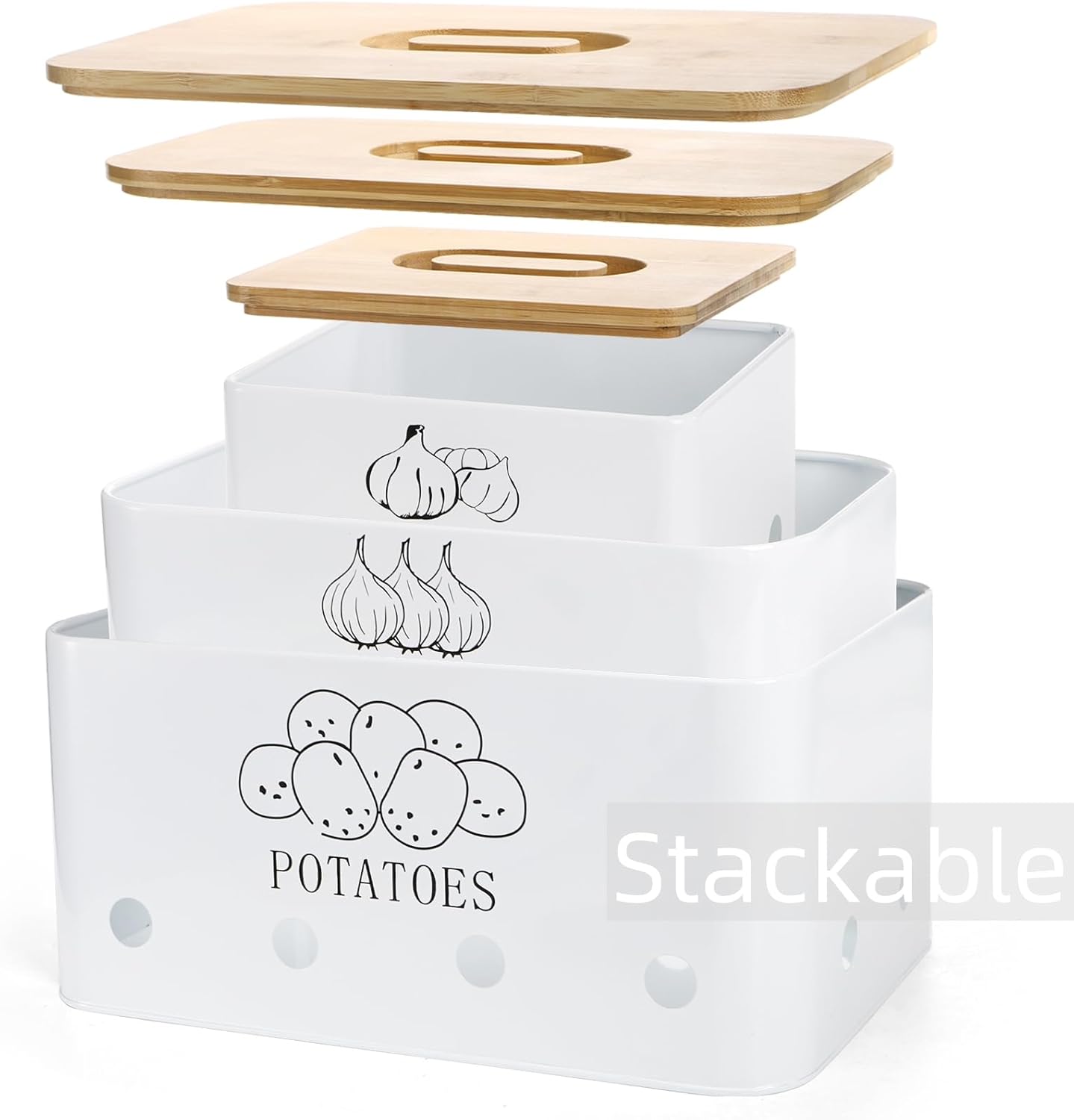 3 Pack Potato Onion Garlic Storage Set, Iron Vegetable Storage Bins with Holes Bamboo Lids
