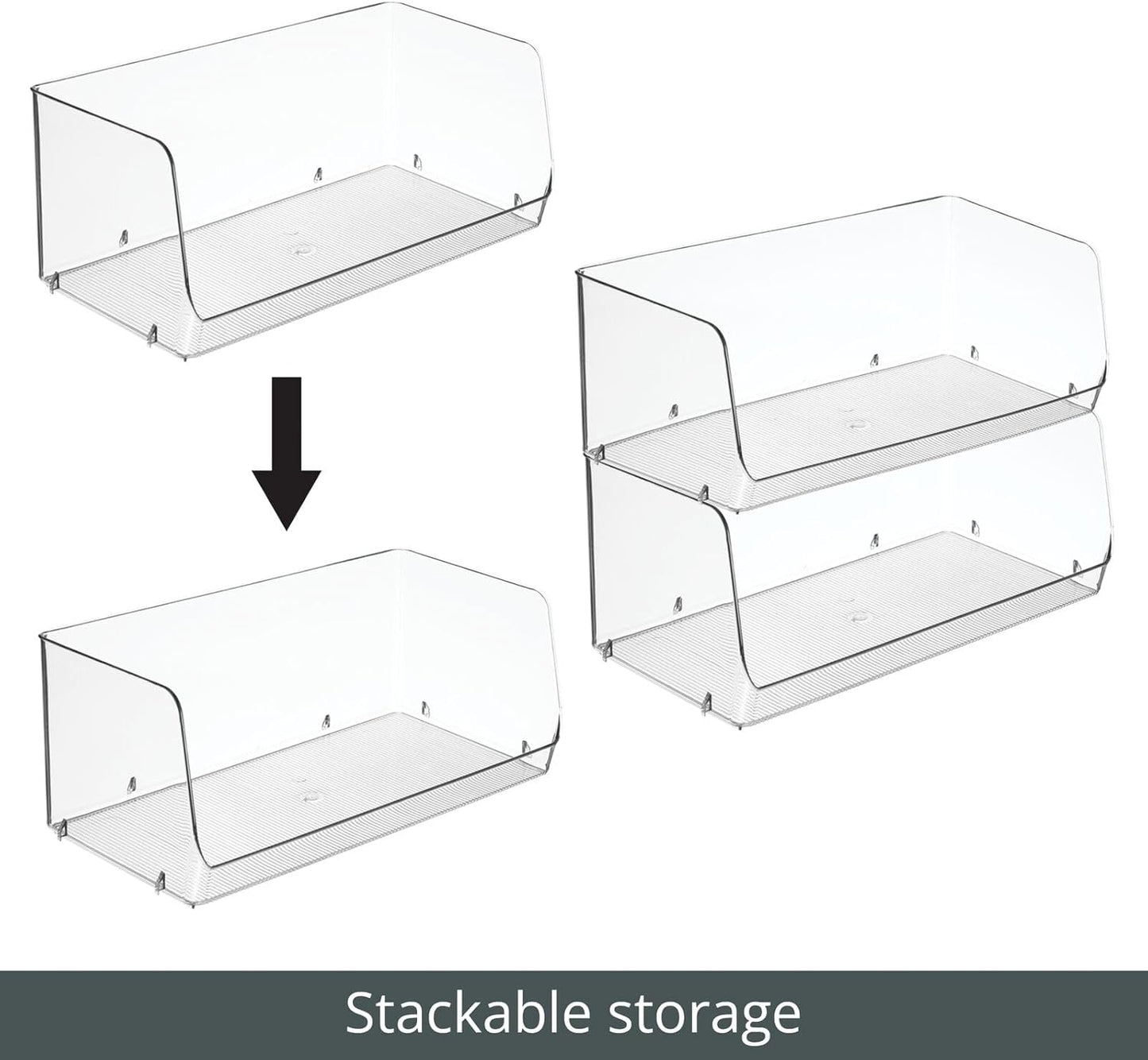 Modern Stackable Plastic Open Front Dip Extra Large Storage Organizer Bin Basket for Kitchen Organization, Shelf, Cubby, Cabinet, and Pantry Organizing Decor, Ligne Collection - 2 Pack - Clear