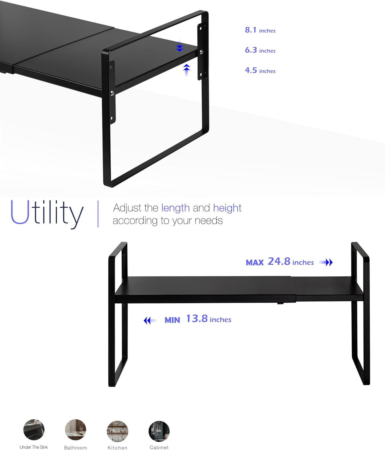 Cabinet Shelf Expandable Height Adjustable Shelf Organizer Riser for Kitchen Cabinet Pantry Cupboard Under Sink Countertop Organization Storage Space Saver Stackable Heavy Duty Metal Black XXL