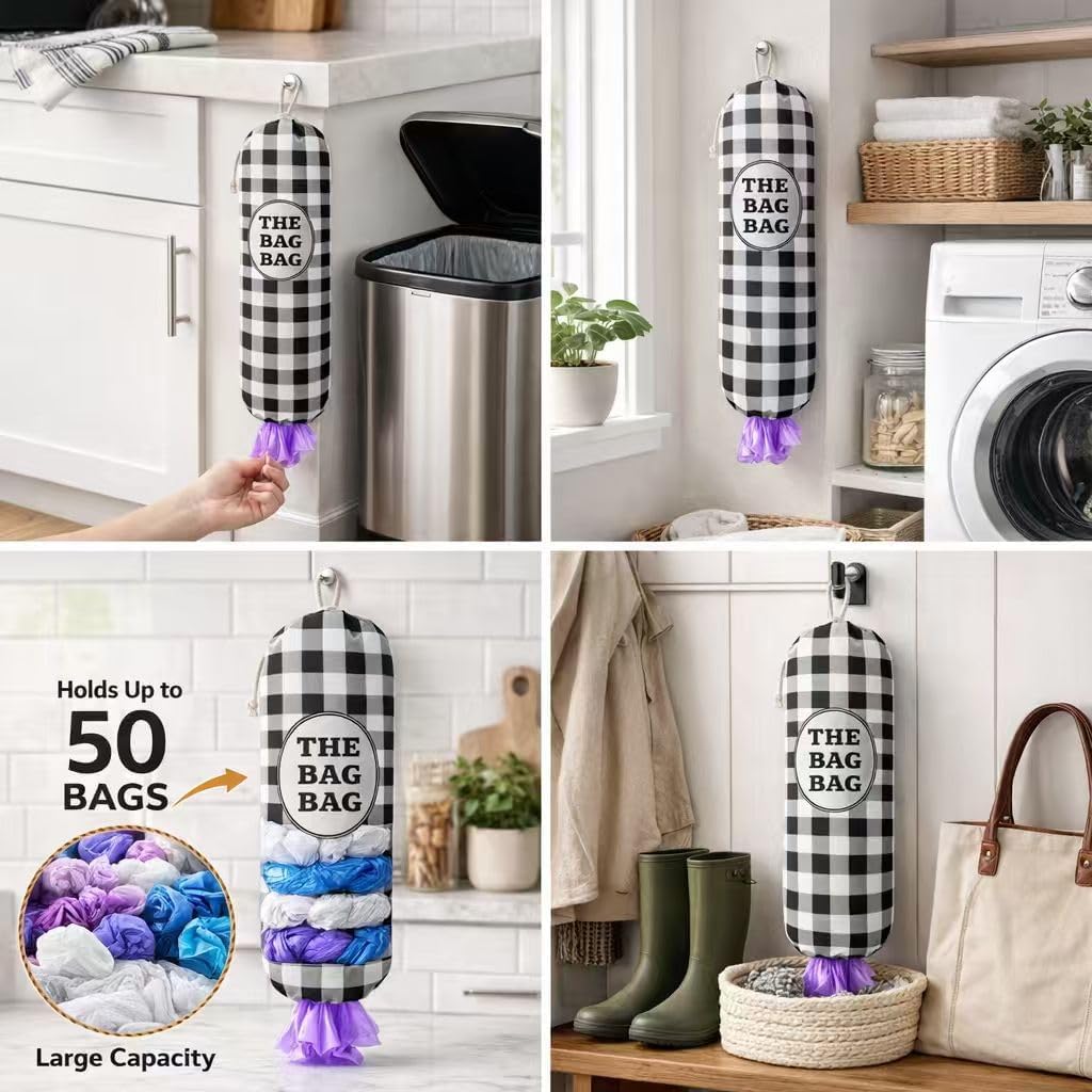 THE BAG BAG Plastic Bag Holder, Black and White Buffalo Check Plaid Grocery Bag Dispenser