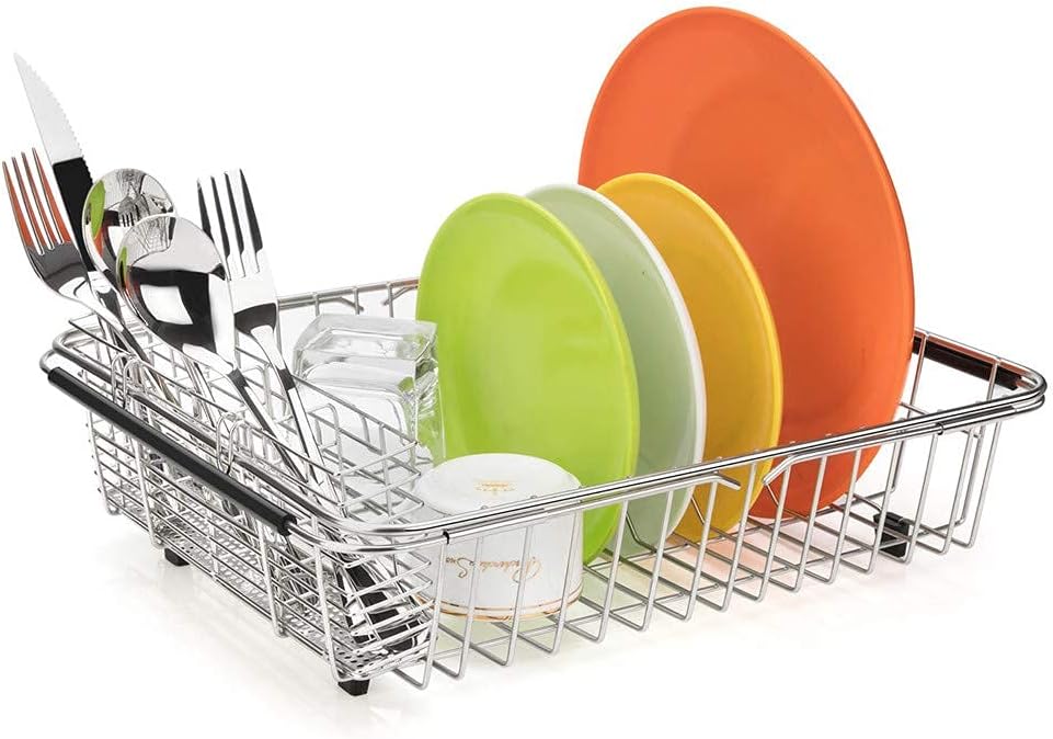 Expandable Dish Drying Rack,Large Dish Drainer Drainwith 4 Division Utensil Silverware Cutlery Holder, Expandable Dish Rack Shelf Dish Rack in Sink or Over Sink On Counter Stainless Steel