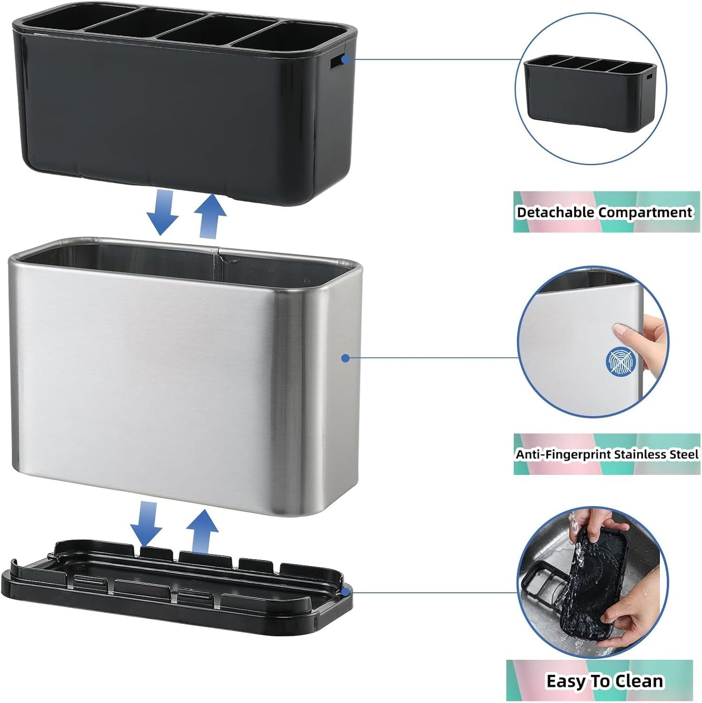 Utensil Holder,Stainless Steel Caddy Counter,Spoon holder,4 Compartments Silverware Caddy,Capacity Flatware Spoon Fork Tool Cutlery Holder(Silvery)