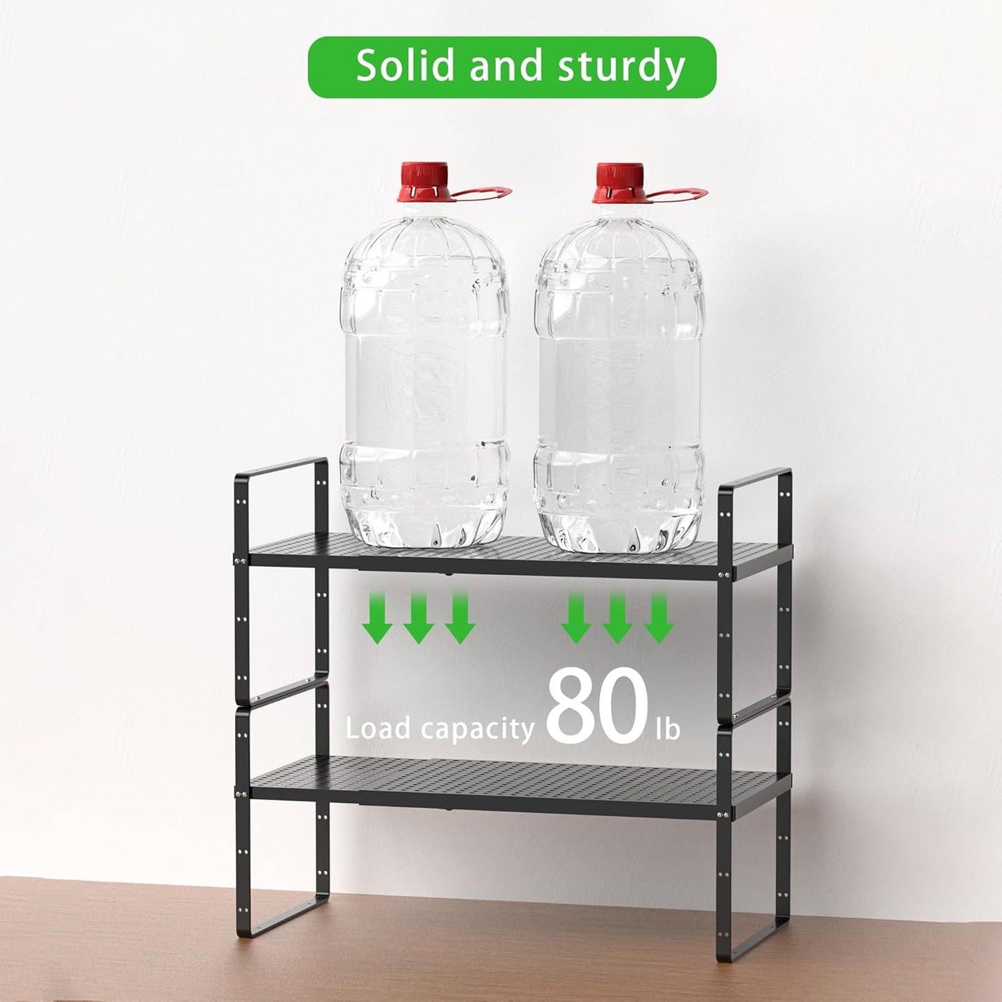 Expandable Cabinet Organizer Shelf - Adjustable Width (16.5”-27.1”), Stackable, Heavy Duty 80 lbs