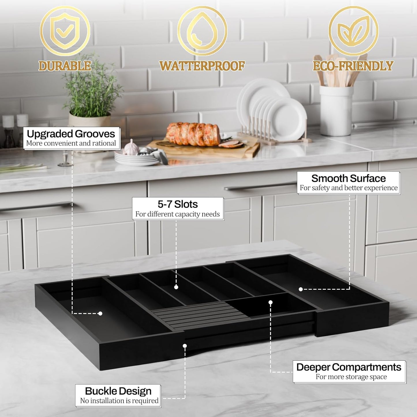 Bamboo Kitchen Silverware Drawer Organizer - Expandable Wood Utensil Holder with Dividers