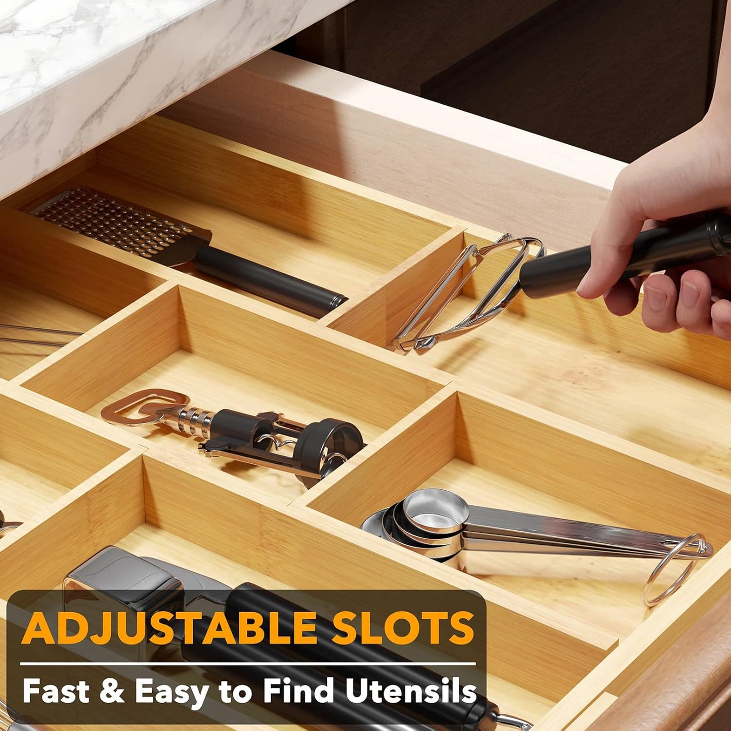 Bamboo Utensil Drawer Organizer with Labels