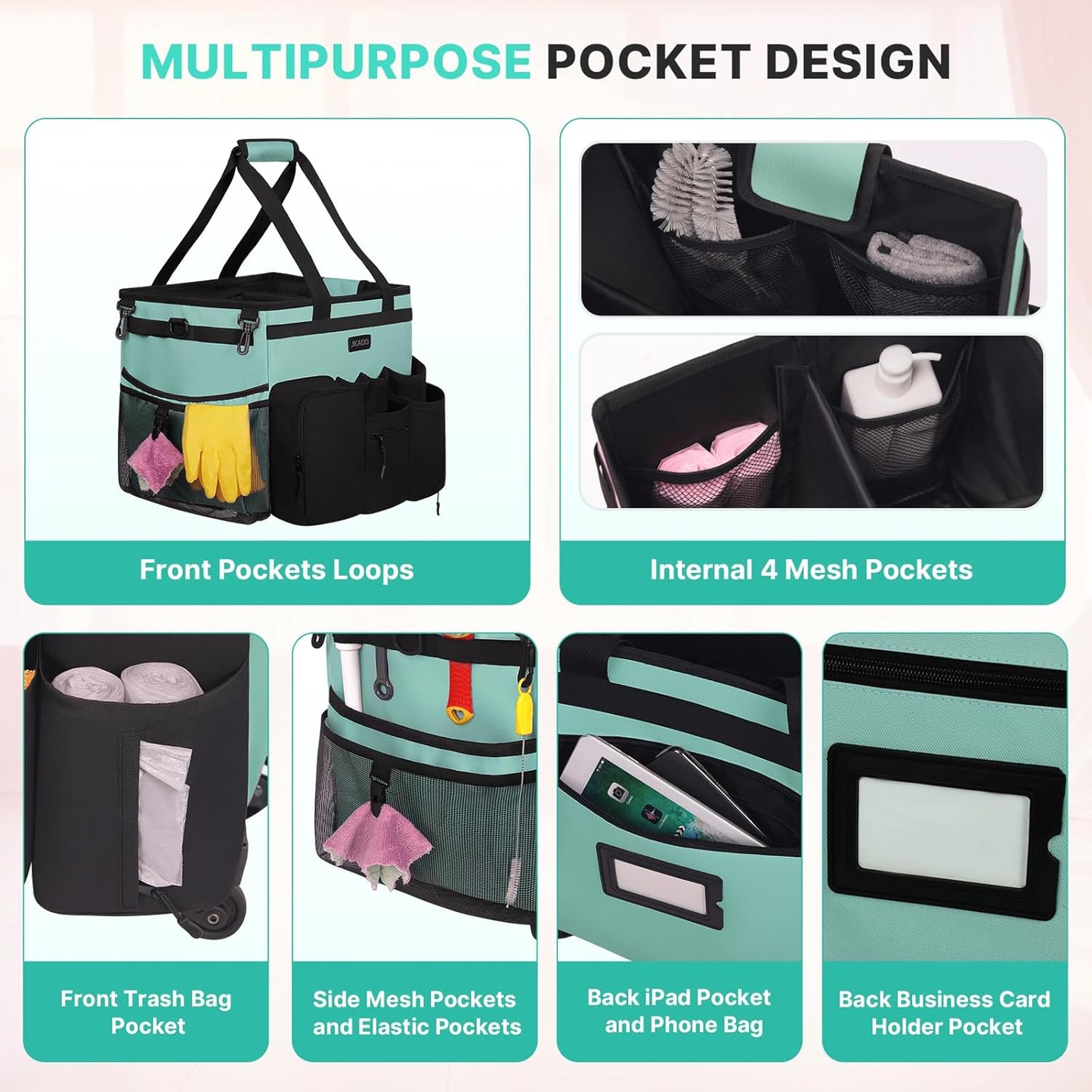 Large Rolling Cleaning Caddy Bag with Detachable Trolley