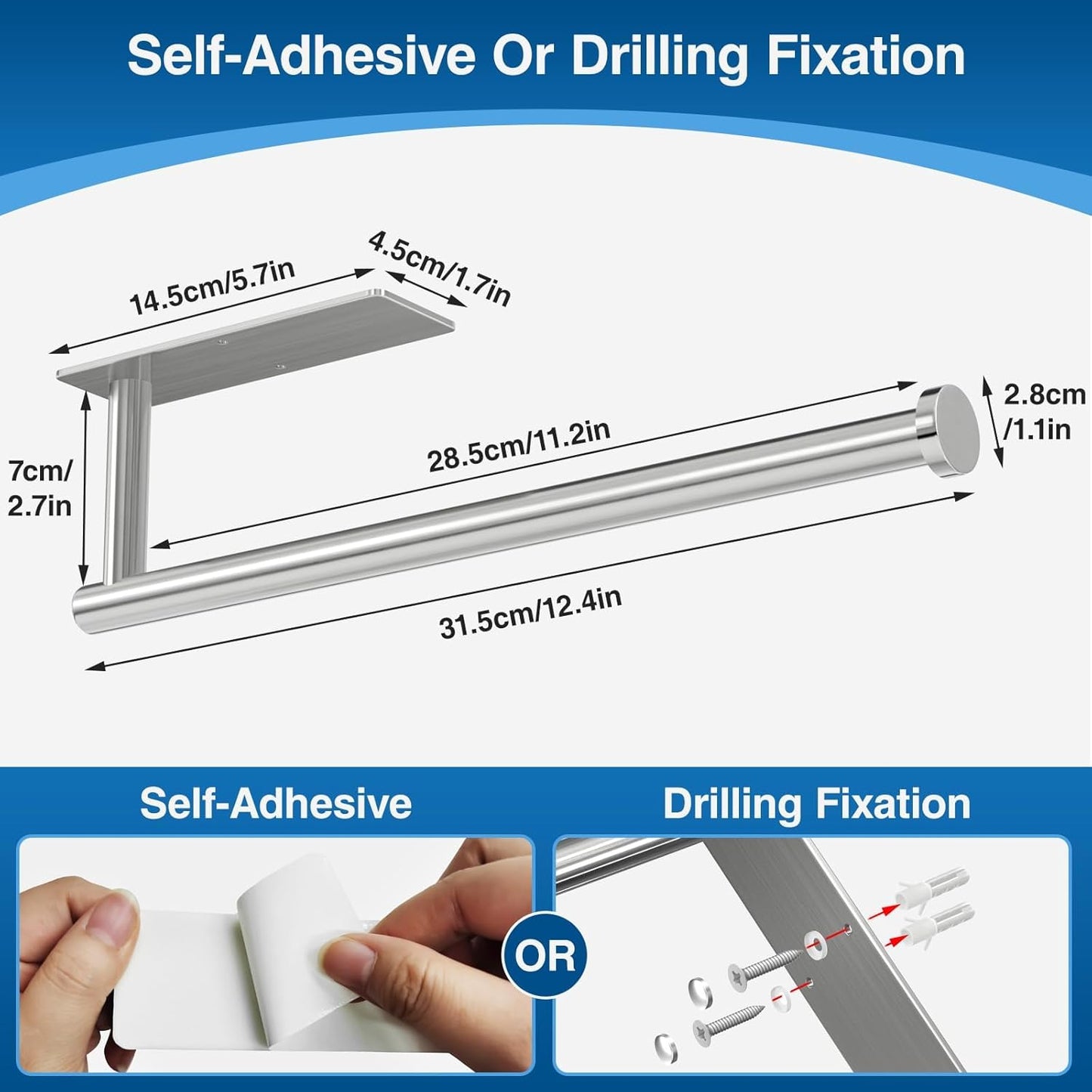 Paper Towel Holder - Self-Adhesive or Drilling, Brushed Nickel, Wall Mounted