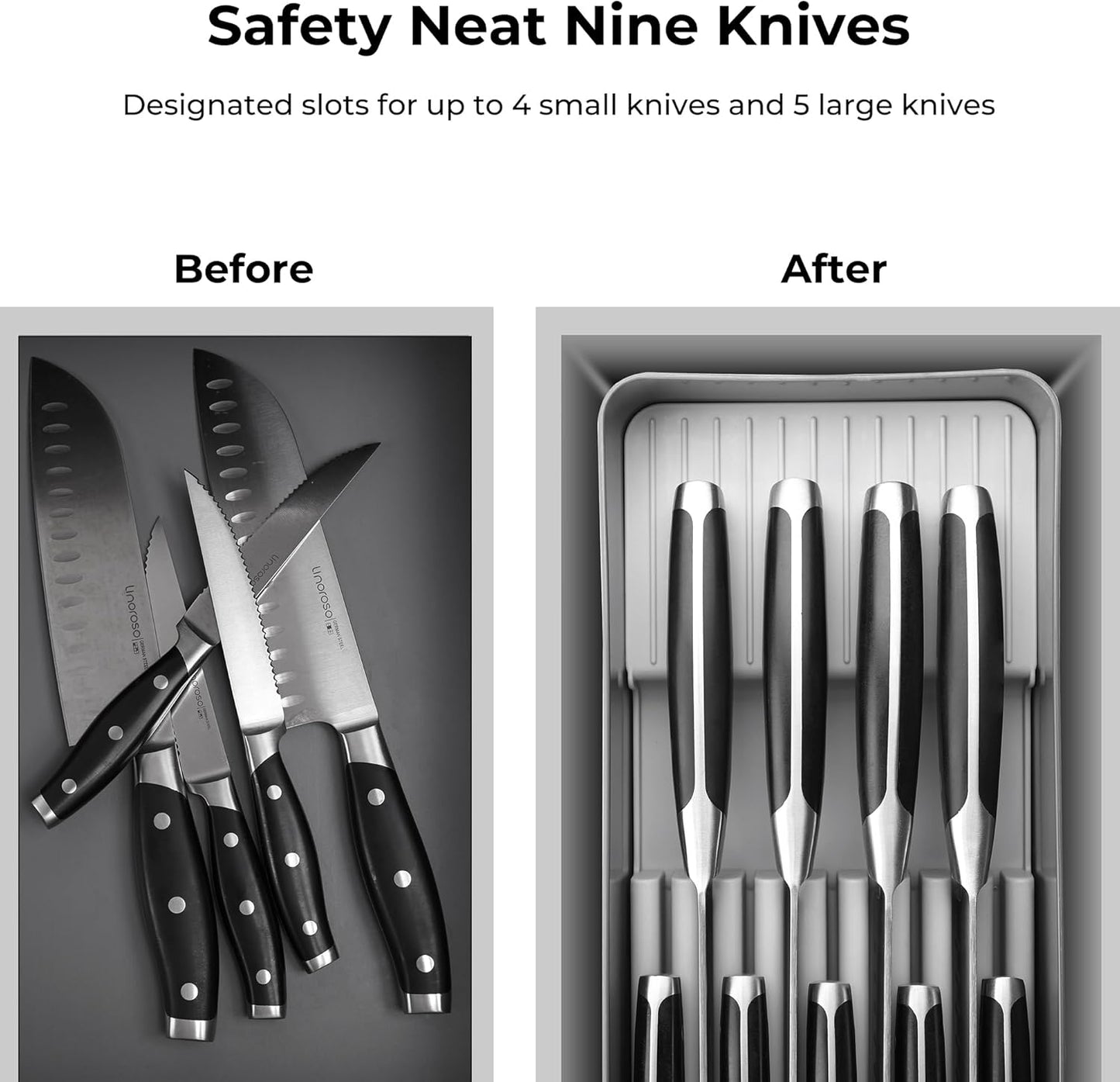 Knife Drawer Organizer With In-Drawer Knife Block for 9 Knives, Kitchen Utensil Organizer