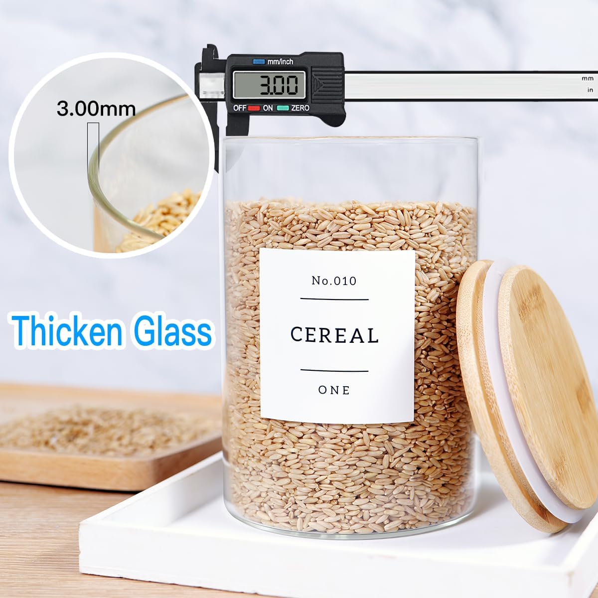 3 Pcs Glass Canisters with Airtight Bamboo Lids and 42 Kitchen Pantry Labels Preprinted
