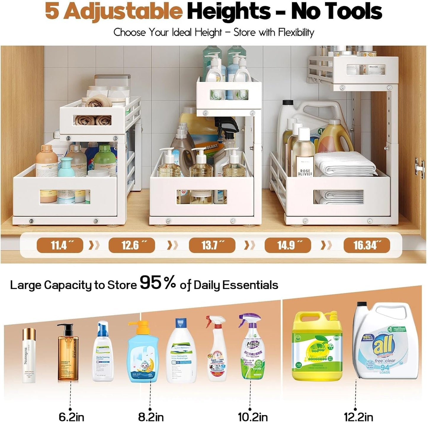 L-Shaped Metal Under Sink Organizer, 2-Tier Double Pull-Out Cabinet Organizer for Kitchen & Bathroom Storage, Height Adjustable, Smooth Cylinder Rail, White, 2 Packs