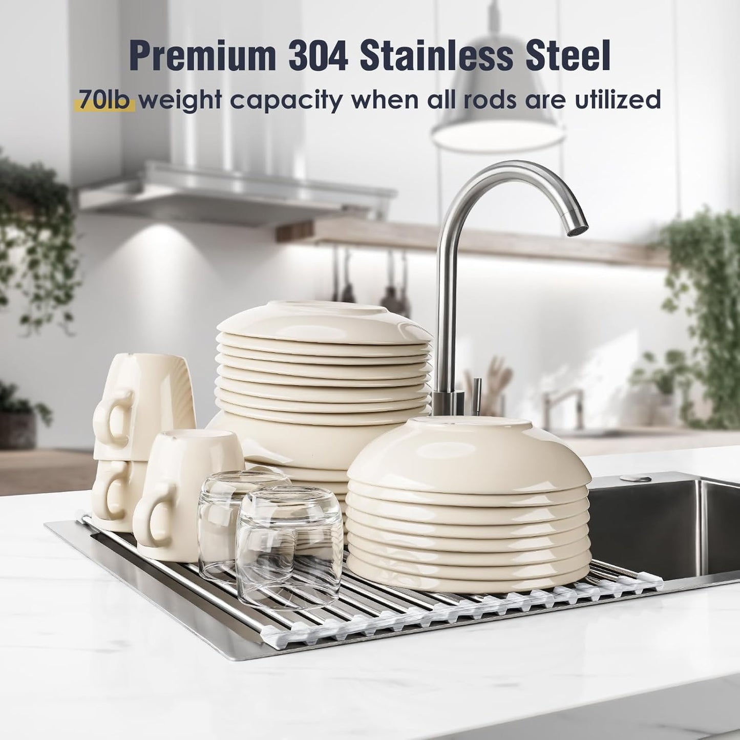 Stainless Steel Roll-Up Dish Drying Rack Marble Color Silicone Edges