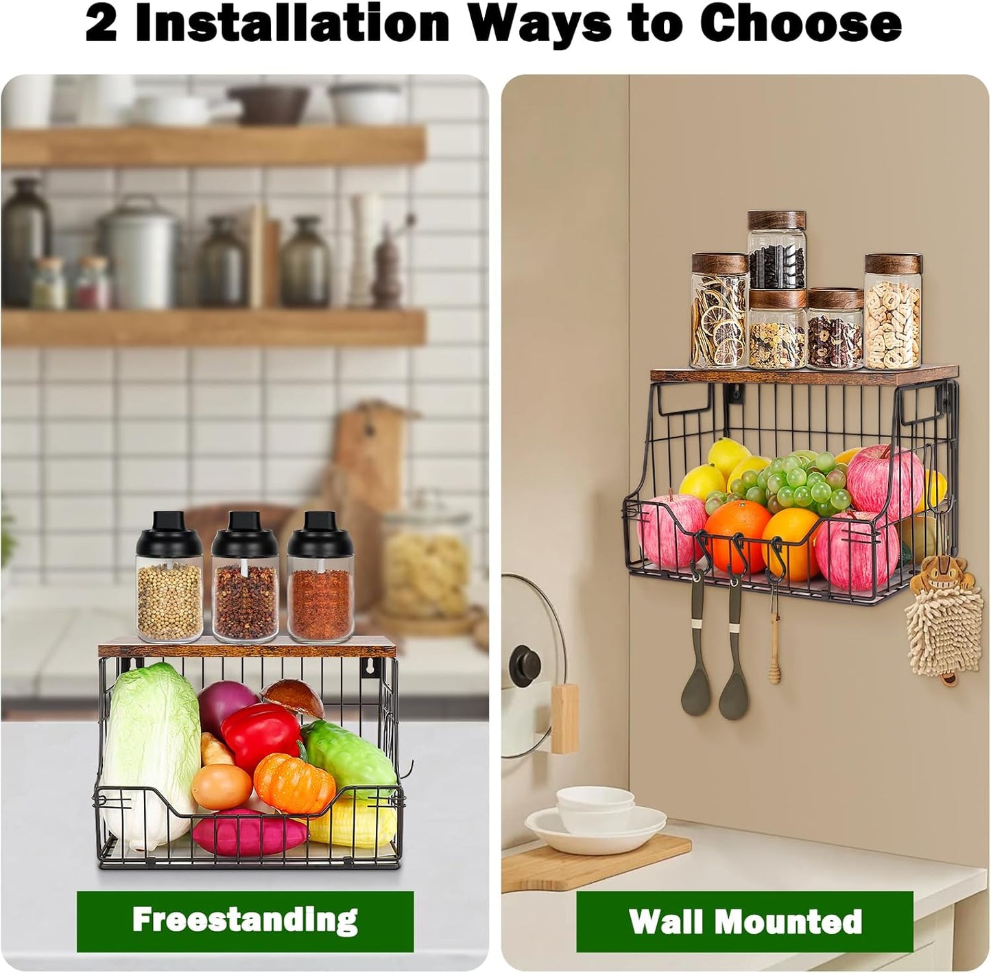 Fruit Basket for Kitchen, Metal Fruit Vegetable Storage Bin with 2 Banana Hangers
