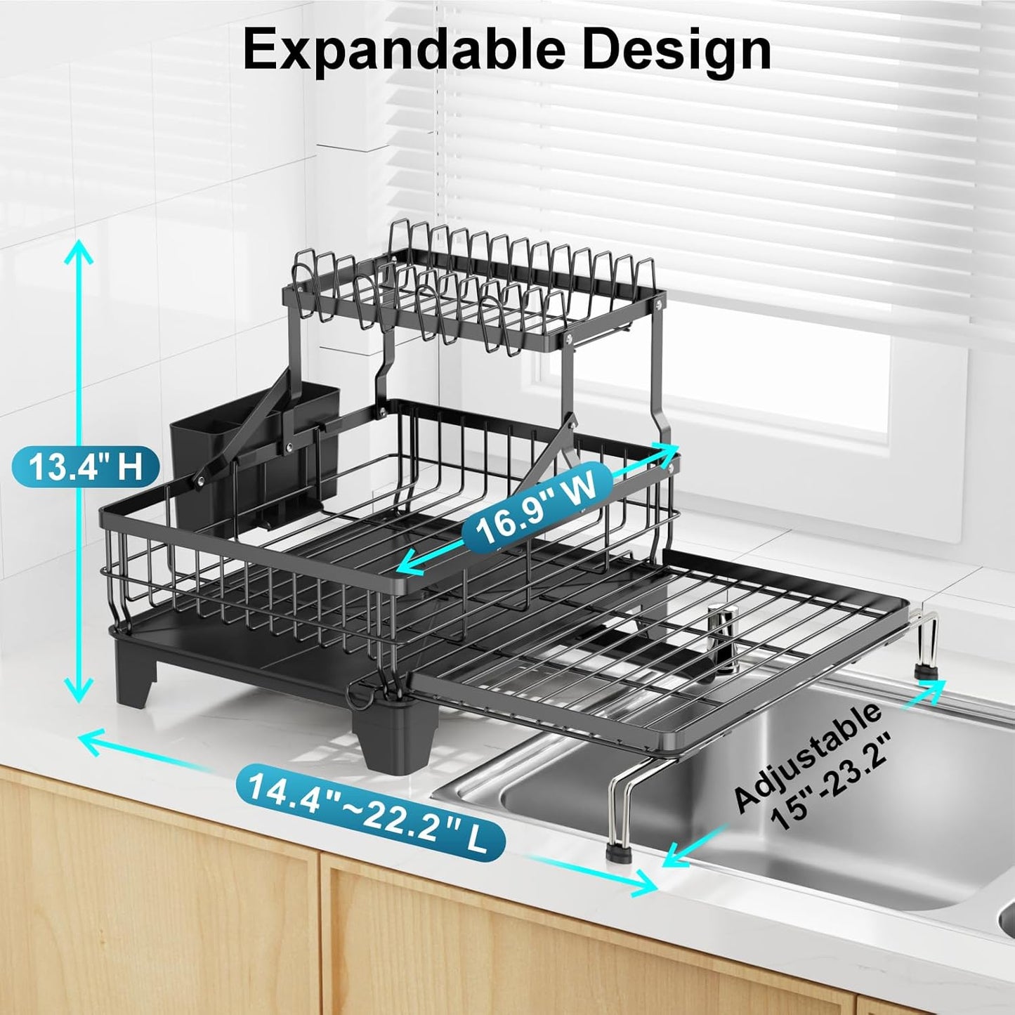 Large 2 Tier Dish Drying Rack, Expandable Heavy-Duty Dish Rack for Kitchen Counter