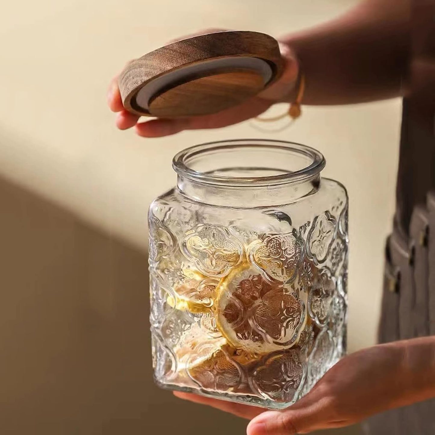Vintage Glass Airtight Storage Jar Set of 2, With Airtight Wood Lid