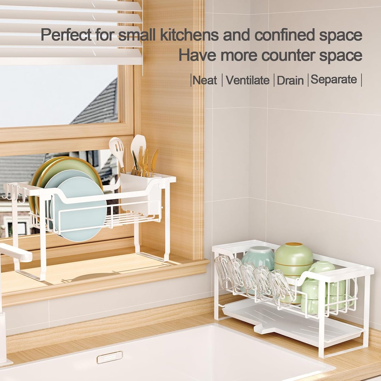 Dish Rack with Drainboard, Organizes Dishes and Bathroom Items for Narrow Spaces