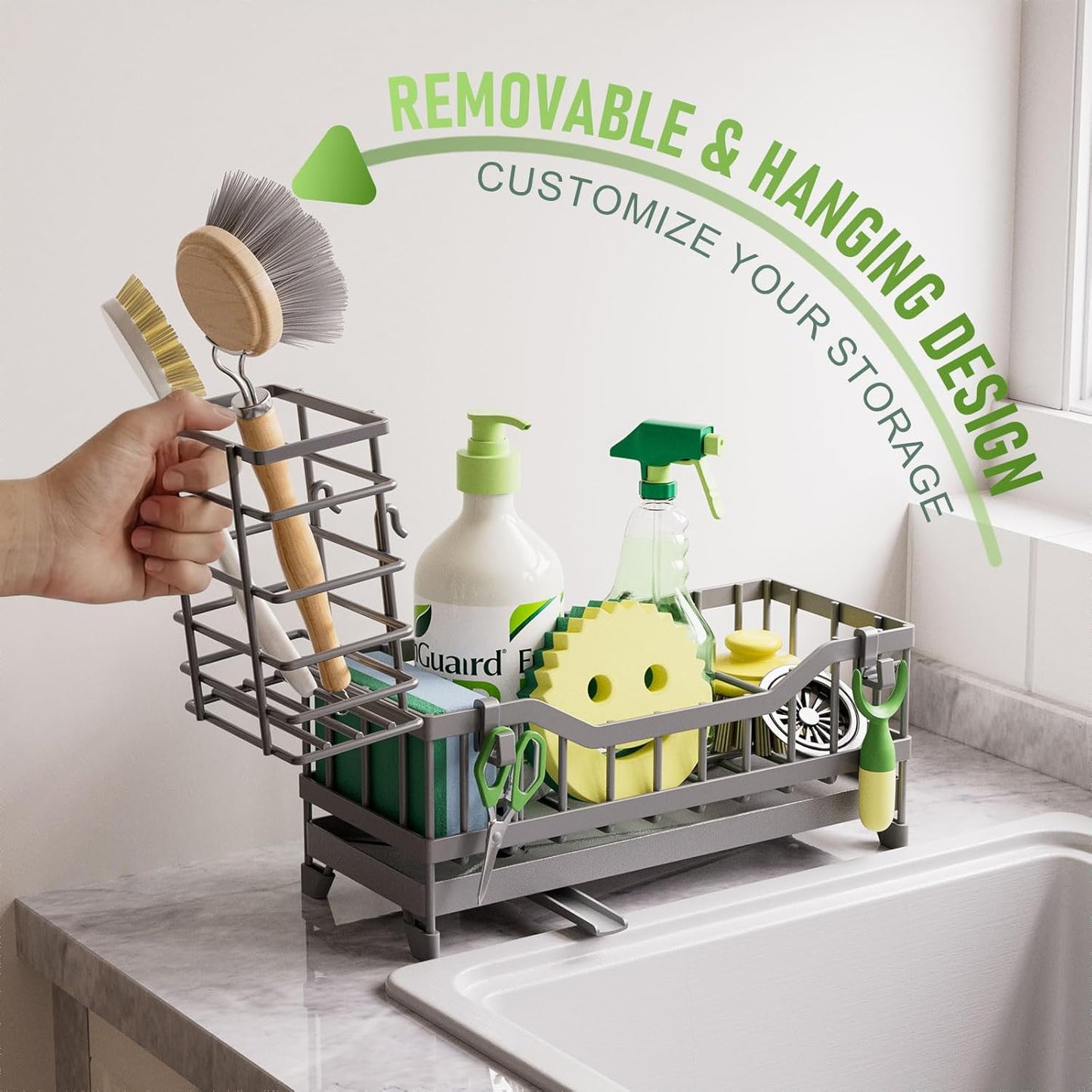 Sponge Holder for Kitchen Sink, Kitchen Sink Caddy with Long-Handled Dish Brushes Holder