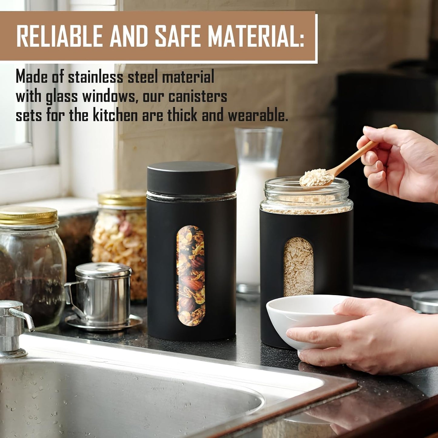 3 Pcs Stainless Steel Canister Set with Glass Windows Visible Storage Jars Silver Kitchen Canister Set for Pasta Flour Oat Sugar Container, Kitchen Tools, Housewarming Gifts(Black,32 oz)