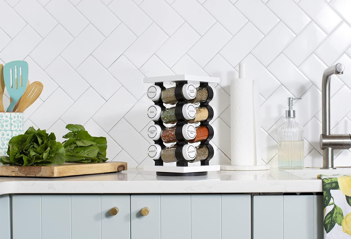 16 Jar Rotating White Spice Rack with Spices Included & 5-Year Spice Refill Program – Compact Countertop Spice Rack with Glass Jars