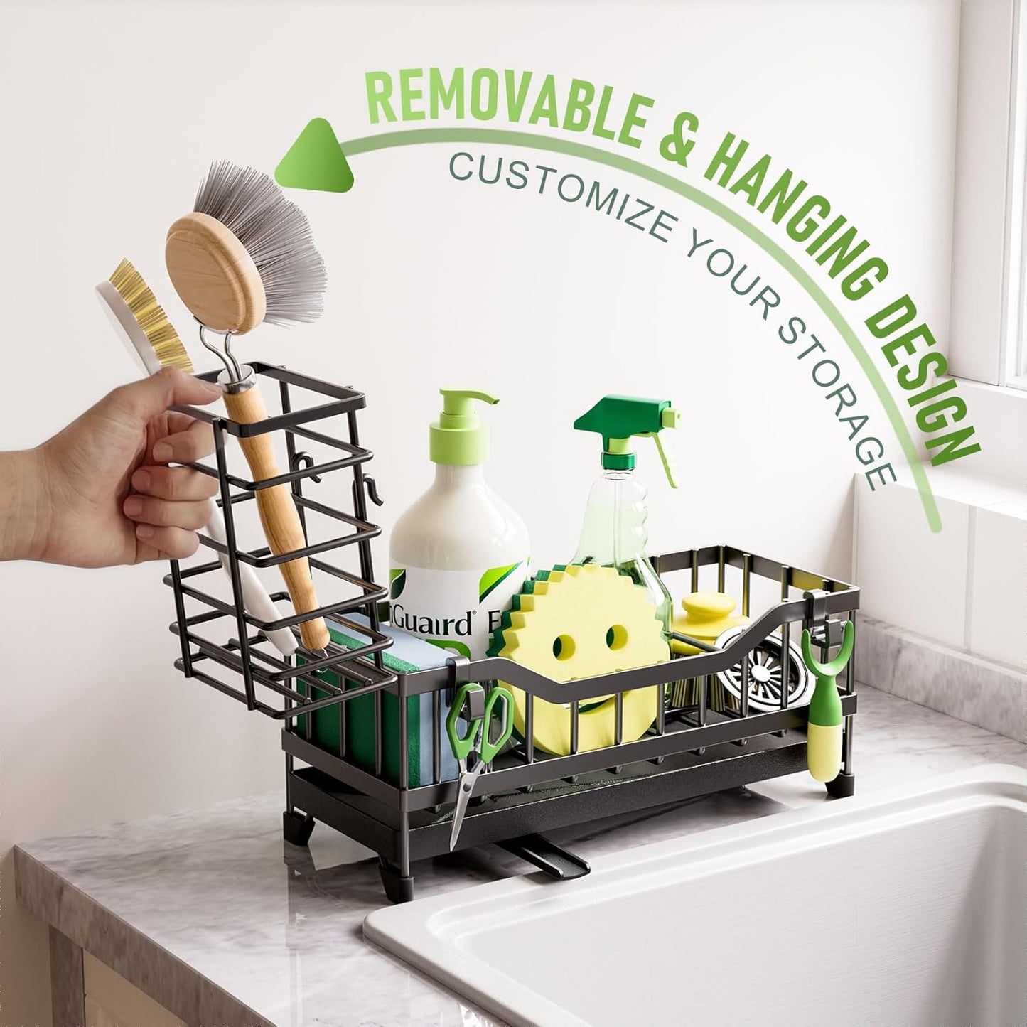 Sponge Holder for Kitchen Sink, Kitchen Sink Caddy with Long-Handled Dish Brushes Holder