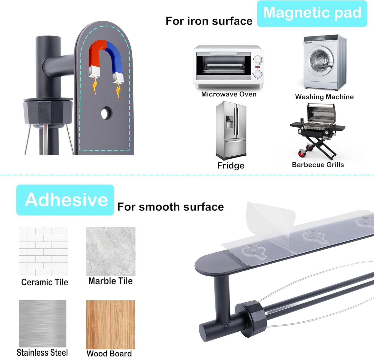Magnetic Paper Towel Holder, One Hand Operable Paper Towel Holder Wall Mount Self Adhesive and Strong Magnetic Backing for Kitchen Refrigerator Grill RV(Black)